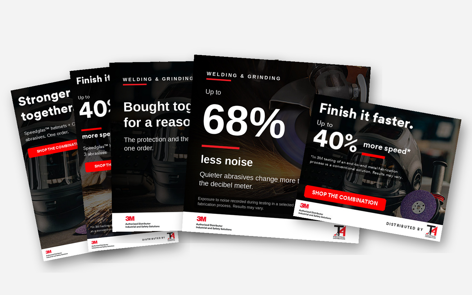 Fanned spread of T&A Industrial and 3M banners and social posts