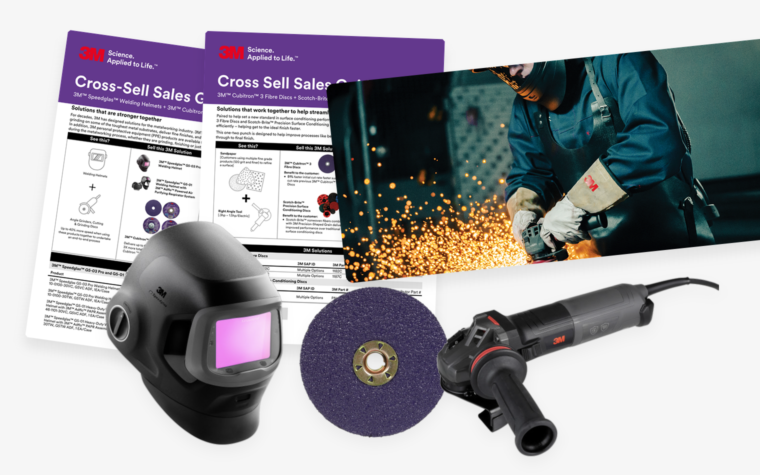 Spread of 3M asset library materials: sales guide PDFs, an action photo, and product cutouts