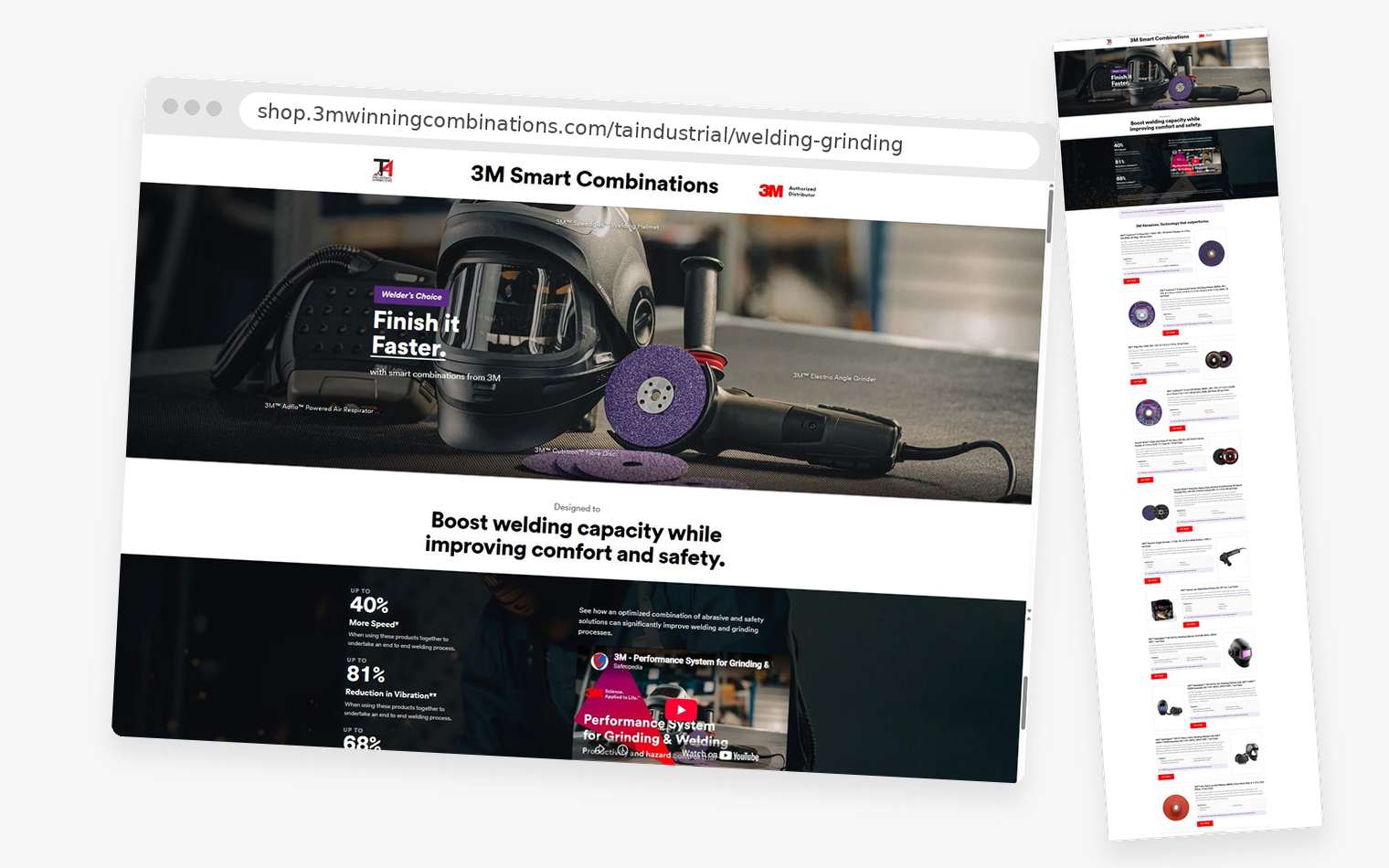 The live T&A Industrial Welding and Grinding pairing page in a browser, with the full page shown alongside