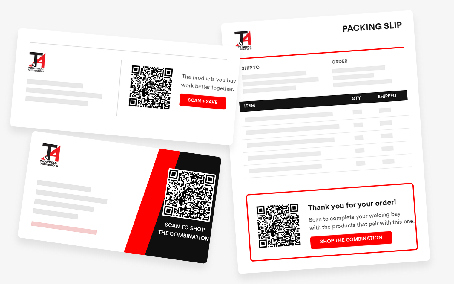 QR codes on a packing slip, business card, and email signature, all pointing back to the pairing page
